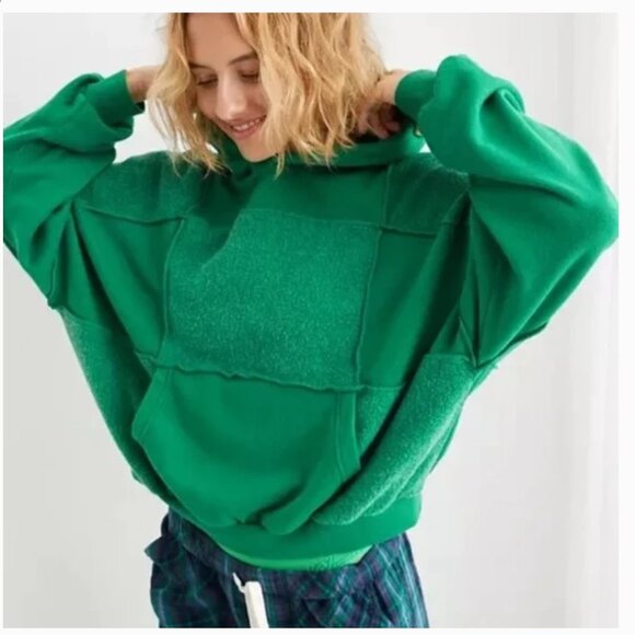 Aerie Womens Small Sherpa Patchwork Hoodie Green Boho Casual Fall Relaxed Fit - Picture 1 of 9